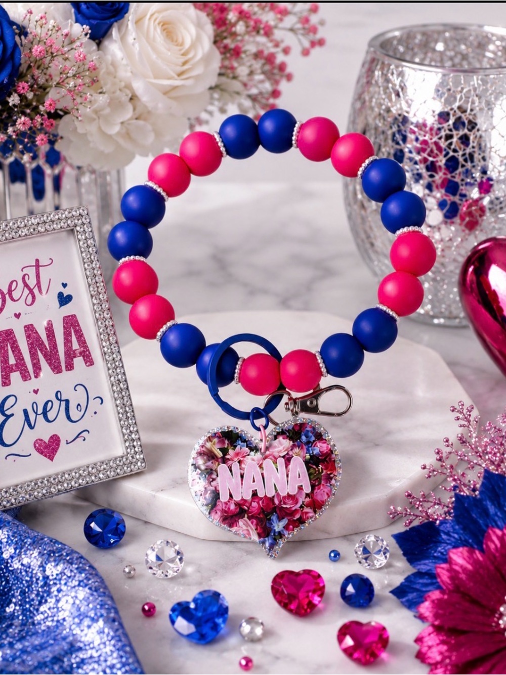 Handmade NANA Pink & Blue Beaded Wristlet Keychain with Heart Name Charm